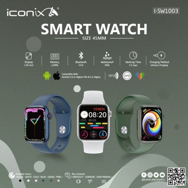 Iconix I-SW1003 Smart Watch 45mm Aluminum Case With Replaceable Sport Band, GPS, NFC Access Control.